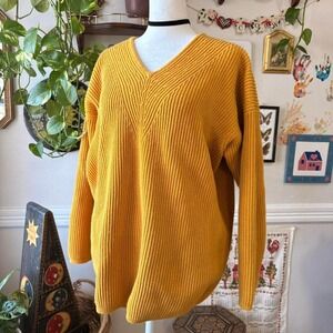 Vintage Y2K GAP Thick Knitted‎ Sweater Mustard Yellow V-Neck Oversized Size M